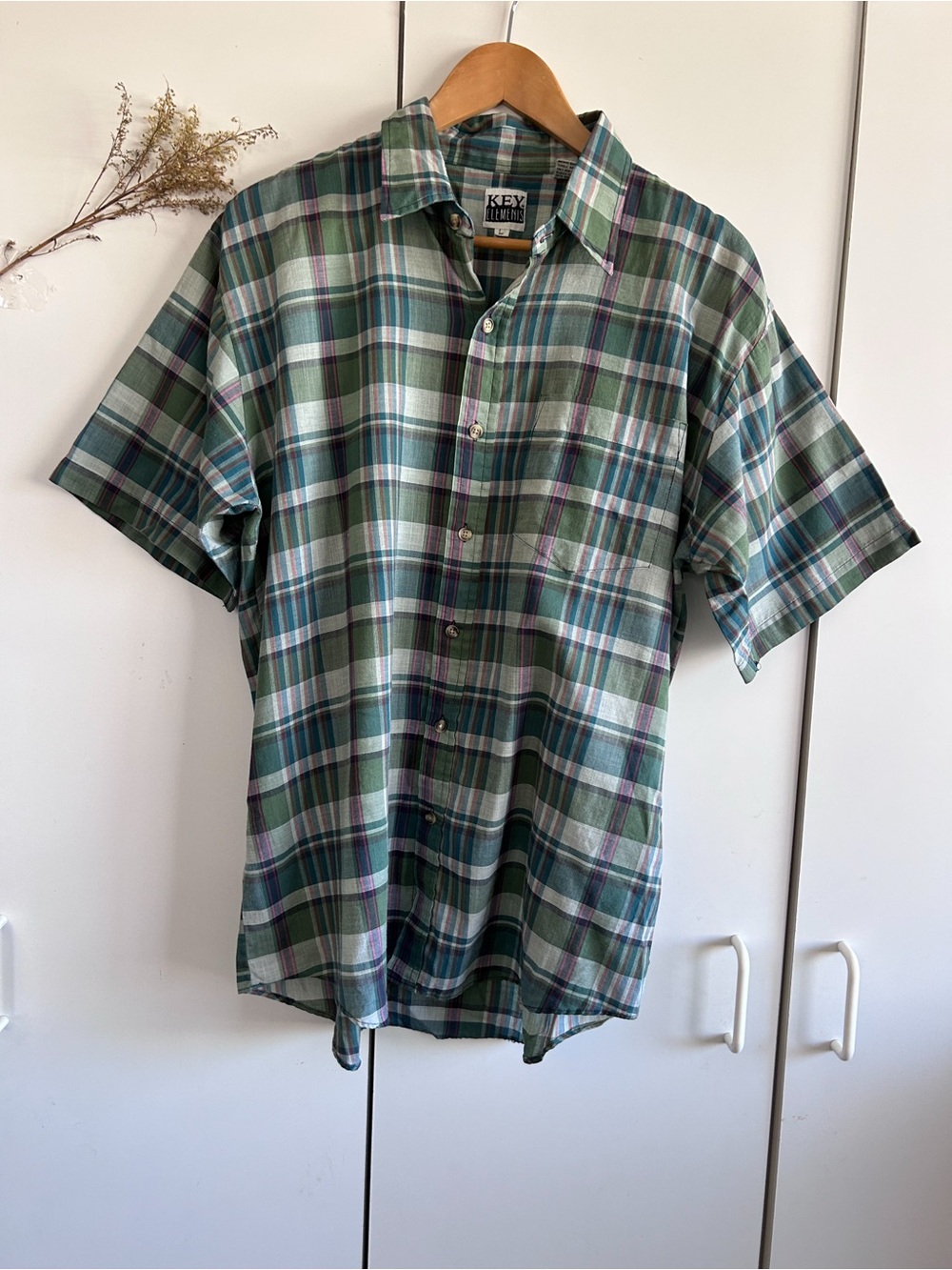Key Elements Vintage Green Plaid Short-Sleeve Button-Up Shirt • Sz L